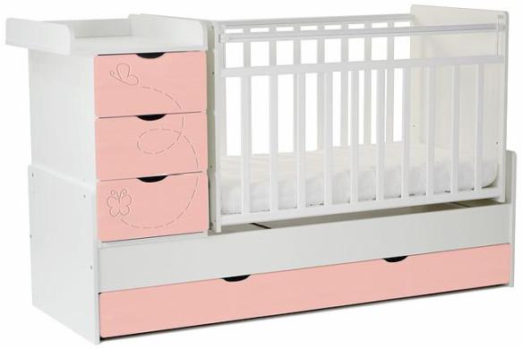 картинка HA2542031-304 Кровать детская СКВ-5 Бабочки, опуск.бок.,маятник,4 ящика,белый+риф розовый от магазина KidParade  